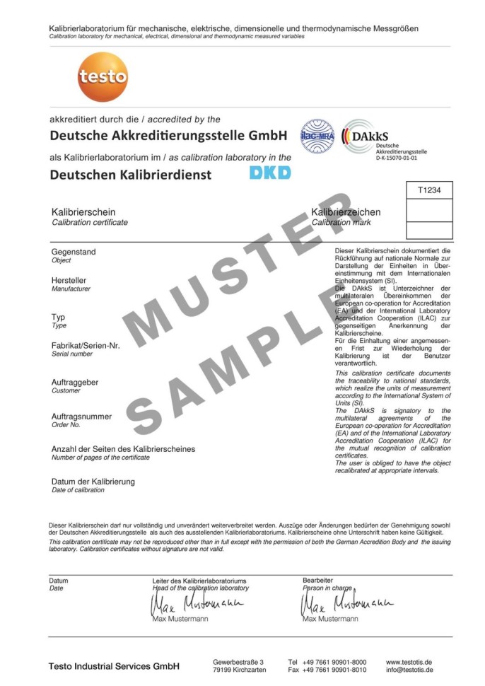 DAkkS humidity calibration certificate - with three measuring points