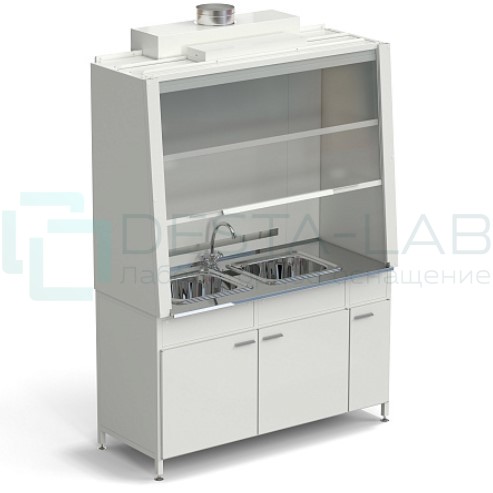 Шкаф вытяжной с двойной мойкой и ВЗБ светильником 1520х750х2160 мм, раб. поверхность - НЕРЖАВЕЮЩАЯ СТАЛЬ