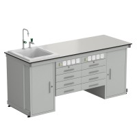 Стол демонстрационный с двумя напольными тумбами, двумя подвесными тумбами, с электрикой, водой 2000х750х900, раб. поверхность - LABGRADE (EK_56.0551.11.08)