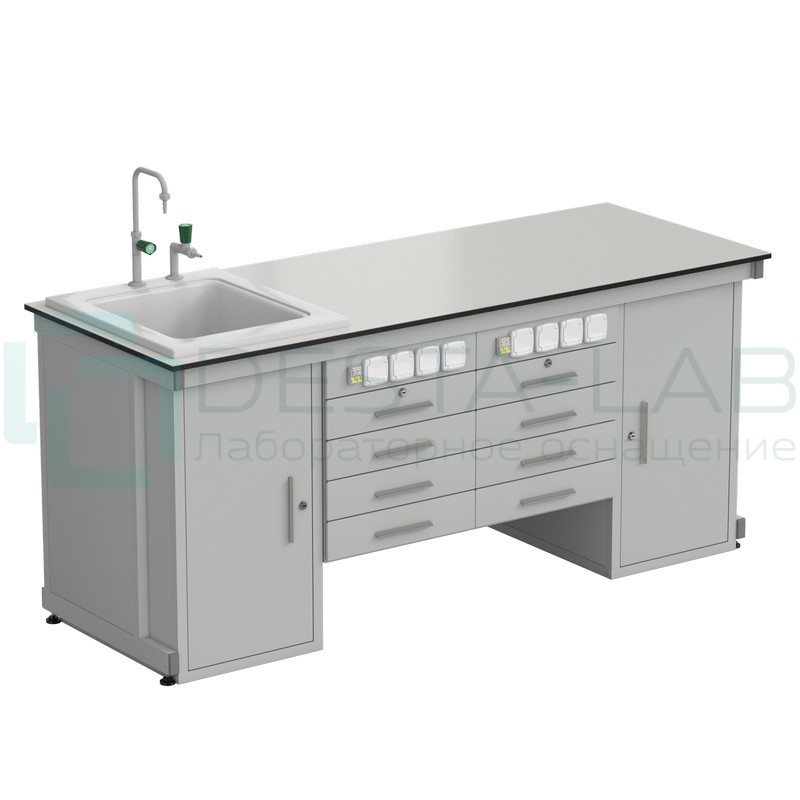 Стол демонстрационный с двумя напольными тумбами, двумя подвесными тумбами, с электрикой, водой 2000х750х900, раб. поверхность - LABGRADE (EK_56.0551.11.08)