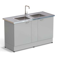 Стол-мойка ЭКРОС 1500х600х900 мм, две чаши нержавеющая сталь, раб. поверхность - МОНОЛИТНЫЙ КЕРАМОГРАНИТ с НС бортиком
