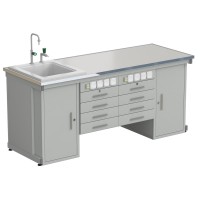 Стол демонстрационный с двумя напольными тумбами, двумя подвесными тумбами, с электрикой, водой 2000х750х900, раб. поверхность - LABGRADE-лайт (EK_56.0551.11.18)