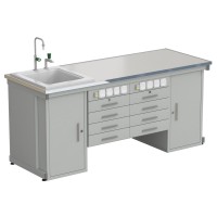 Стол демонстрационный с двумя напольными тумбами, двумя подвесными тумбами, с электрикой, водой 2000х750х900, раб. поверхность - LABGRADE-лайт (EK_56.0551.21.18)