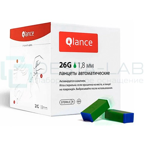 Автоматический ланцет Qlance Lite, глубина прокола 1,8 мм, игла 26G, зеленый, уп. 100 шт