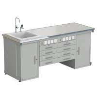 Стол демонстрационный с двумя напольными тумбами, двумя подвесными тумбами, с электрикой, с подводом воды 2000х750х900, раб. поверхн. - LABGRADE-лайт (EK_56.0551.01.18)