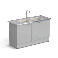 Стол-мойка ЭКРОС 1500х600х900 мм, две чаши полипропилен, раб. поверхность - МОНОЛИТНЫЙ КЕРАМОГРАНИТ с НС бортиком