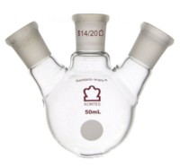 Колба трехгорлая круглодонная Kimble 50 мл, боковые шлифы 14/20 под углом к центральному 14/20, стекло