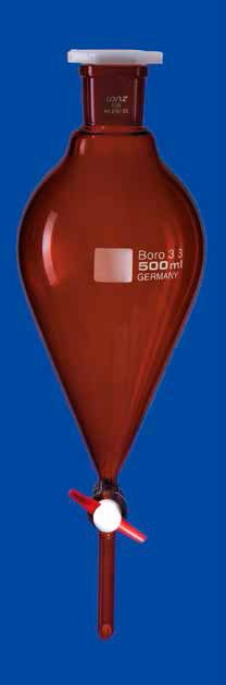 Воронка делительная коническая Lenz 500 мл, без градуировки, PTFE кран, коричневое стекло