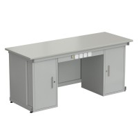 Стол демонстрационный с двумя напольными тумбами, с электрикой 2000х750х900, раб. поверхность - ЛАМИНАТ СЕРЫЙ (EK_56.0573.10.14)