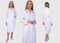 Халат лабораторный женский, хлопок/полиэстер, белый с отделкой, с манжетом, прямой, премиум, 1 шт., Диаэм