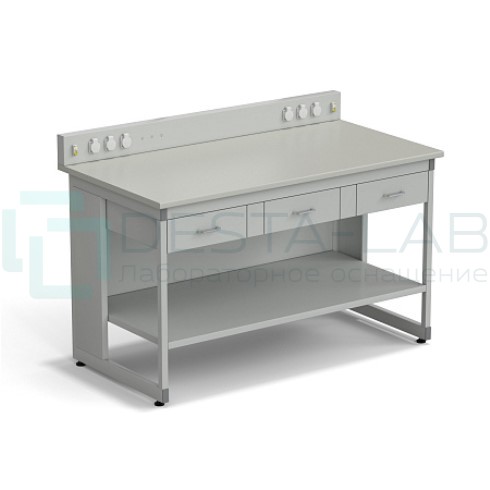 Стол для хроматографа ЭКРОС 1500х800х900/1030 мм с сервисной панелью, ящиками и полкой, раб. поверхность - ЛАМИНАТ СЕРЫЙ