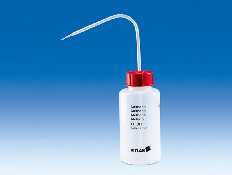 Промывалка VITLAB безопасная, 1000 мл, широкое горло, маркировка "Distilled water", PE-LD, с винтовой крышкой из PP