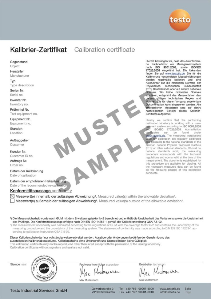 ISO calibration certificate for humidity - with three measuring points