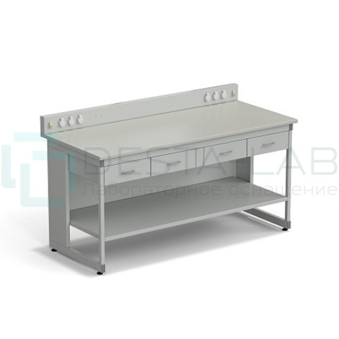 Стол для хроматографа ЭКРОС 1800х800х900/1030 мм с сервисной панелью, ящиками и полкой, раб. поверхность - ЛАМИНАТ СЕРЫЙ
