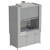 Шкаф вытяжной с коконом из стеклопластика с мойкой из НС и смесителем с электрикой 1500х820х2240 мм, раб. поверхность - МОНОЛИТНЫЙ КЕРАМОГРАНИТ