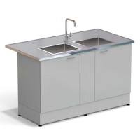 Стол-мойка ЭКРОС 1500х800х900 мм, две чаши нержавеющая сталь, раб. поверхность - МОНОЛИТНЫЙ КЕРАМОГРАНИТ с НС бортиком