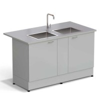 Стол-мойка ЭКРОС 1500х800х900 мм, две чаши нержавеющая сталь, раб. поверхность - МОНОЛИТНЫЙ КЕРАМОГРАНИТ с ПВХ кромкой