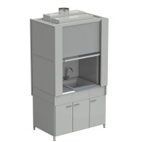 Шкаф вытяжной с коконом из стеклопластика с мойкой из СП и смесителем с ВЗБ светильником 1200х820х2240 мм, раб. поверхость - МОНОЛИТНЫЙ КЕРАМОГРАНИТ