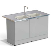 Стол-мойка ЭКРОС 1500х800х900 мм, две чаши полипропилен, раб. поверхность - МОНОЛИТНЫЙ КЕРАМОГРАНИТ с НС бортиком