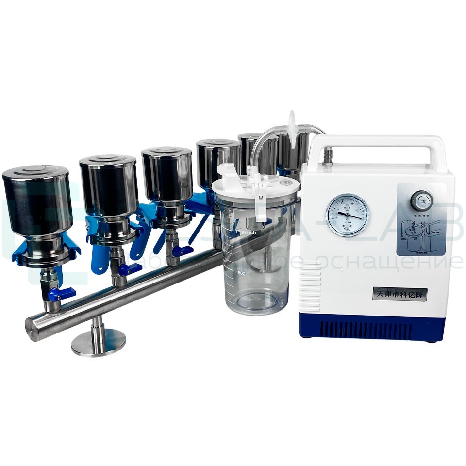 Прибор вакуумного фильтрования Stegler ПВФ-47-6 (нерж. сталь, воронка 47 мм, 6х250 мл, насос c колбой-ресивером)