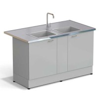 Стол-мойка ЭКРОС 1500х800х900 мм, две чаши стеклопластик, раб. поверхность - МОНОЛИТНЫЙ КЕРАМОГРАНИТ с НС бортиком