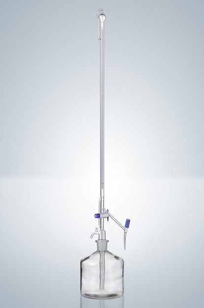 Автоматическая бюретка Пеллета Hirschmann 25 : 0,05 мл, класс AS, с промежуточным краном, светлое стекло, синяя градуировка, PTFE краны