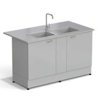 Стол-мойка ЭКРОС 1500х800х900 мм, две чаши стеклопластик, раб. поверхность - МОНОЛИТНЫЙ КЕРАМОГРАНИТ с ПВХ кромкой