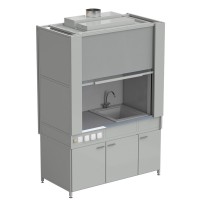 Шкаф вытяжной с коконом из стеклопластика с мойкой из СП и смесителем, с электрикой 1500х820х2240 мм, раб.поверхость - МОНОЛИТНЫЙ КЕРАМОГРАНИТ