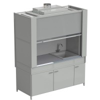 Шкаф вытяжной с коконом из стекопластика с мойкой из СП и смесителем с ВЗБ светильником 1800х820х2240 мм, раб.поверхость - МОНОЛИТНЫЙ КЕРАМОГРАНИТ