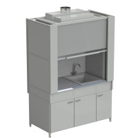 Шкаф вытяжной с коконом из стекопластика с мойкой из СП и смесителем, с ВЗБ светильником 1500х820х2240 мм, раб. поверхость - МОНОЛИТНЫЙ КЕРАМОГРАНИТ