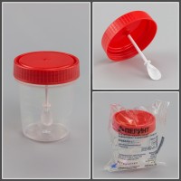 Контейнер одноразовый медицинский полимерный КО0НЛПП-60 с ложкой и красной крышкой ИУ СТЕРИЛЬНО, ПЕРИНТ