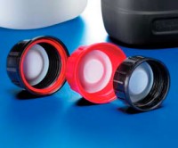 Крышка блистерная Kautex, PP, с красным защитным кольцом и перфорированным уплотнением из PTFE, с системой вентиляции, красная, Ø 45 мм, для узкогорлых бутылей объемом 50-2500 мл