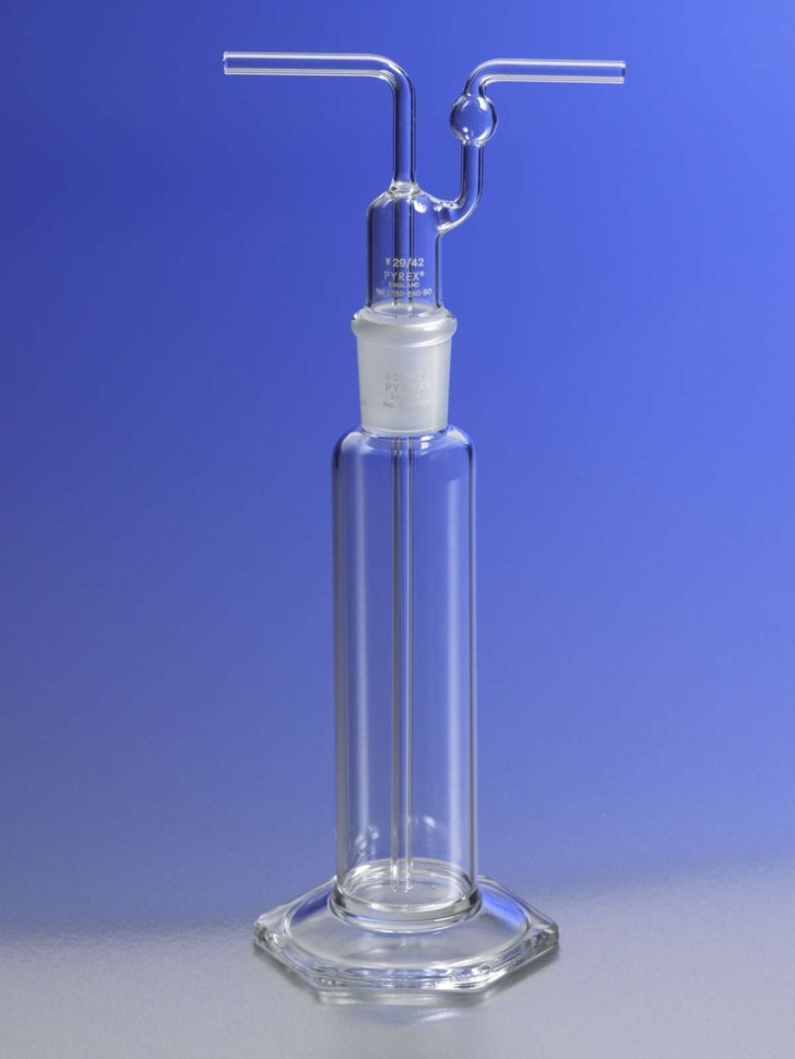 Склянка для промывания газов с пробкой, 250 мл, горловина 29/42, d трубок 8 мм, размер склянки 50×340 мм, боросиликатное стекло, Corning