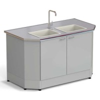 Стол-мойка торцевая ЭКРОС 1500х800х900 мм, две чаши полипропилен, раб. поверхность - МОНОЛИТНЫЙ КЕРАМОГРАНИТ с НС бортиком