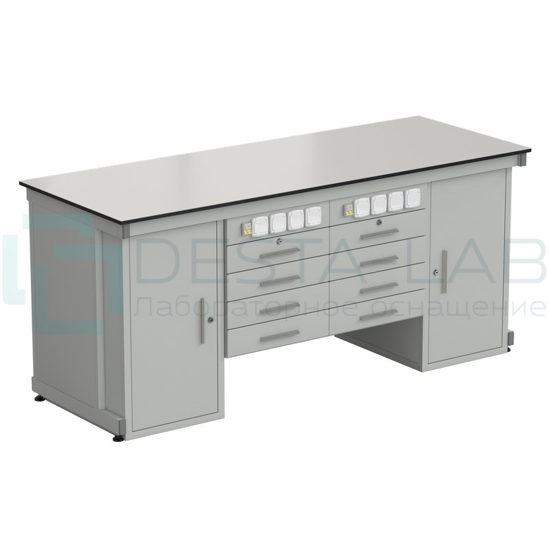 Стол демонстрационный с двумя напольными тумбами, двумя подвесными тумбами, с электрикой 2000х750х900, раб. поверхность - LABGRADE (EK_56.0551.00.08)