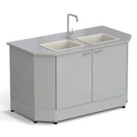 Стол-мойка торцевая ЭКРОС 1500х800х900 мм, две чаши полипропилен, раб. поверхность - МОНОЛИТНЫЙ КЕРАМОГРАНИТ с ПВХ кромкой