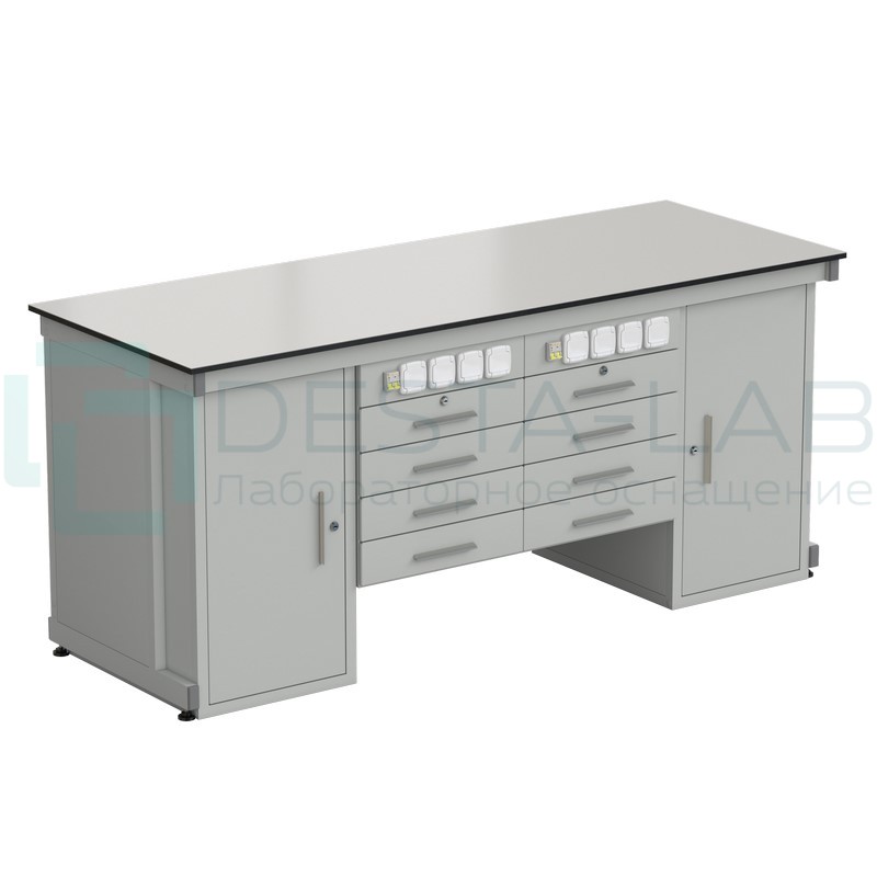 Стол демонстрационный с двумя напольными тумбами, двумя подвесными тумбами, с электрикой 2000х750х900, раб. поверхность - LABGRADE (EK_56.0551.20.08)
