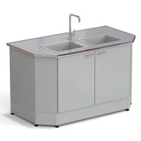 Стол-мойка торцевая ЭКРОС 1500х800х900 мм, две чаши стеклопластик, раб. поверхность - МОНОЛИТНЫЙ КЕРАМОГРАНИТ с НС бортиком