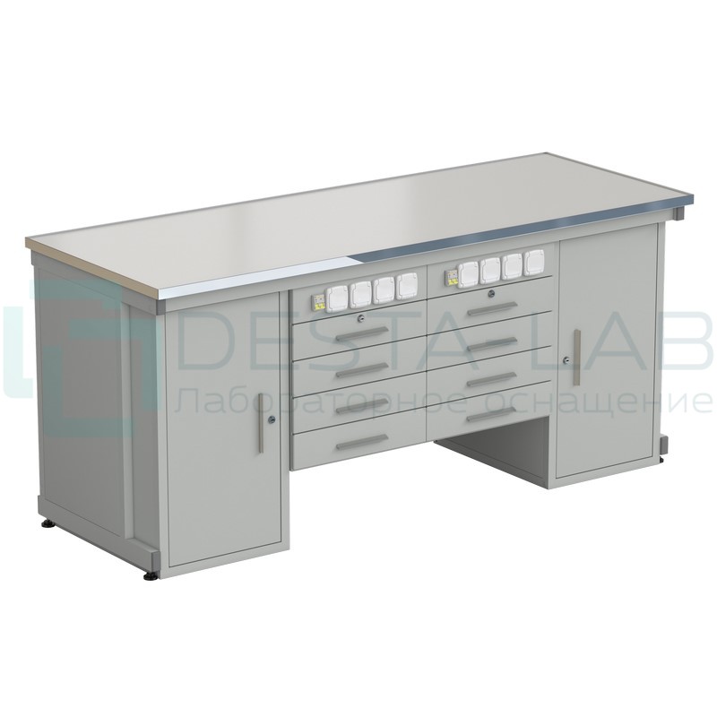 Стол демонстрационный с двумя напольными тумбами, двумя подвесными тумбами, с электрикой 2000х750х900, раб. поверхность - LABGRADE-лайт (EK_56.0551.00.18)
