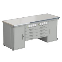 Стол демонстрационный с двумя напольными тумбами, двумя подвесными тумбами, с электрикой 2000х750х900, раб. поверхность - LABGRADE-лайт (EK_56.0551.10.18)