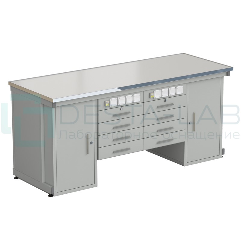 Стол демонстрационный с двумя напольными тумбами, двумя подвесными тумбами, с электрикой 2000х750х900, раб. поверхность - LABGRADE-лайт (EK_56.0551.20.18)