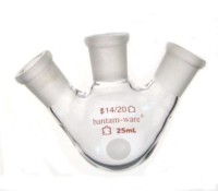 Колба трехгорлая круглодонная Kimble 25 мл, боковые шлифы 14/20 под углом к центральному 14/20, стекло