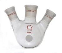 Колба трехгорлая круглодонная Kimble 250 мл, боковые шлифы 14/20 под углом к центральному 19/22, стекло