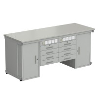 Стол демонстрационный с двумя напольными тумбами, двумя подвесными тумбами, с электрикой 2000х750х900, раб. поверхность - ЛАМИНАТ СЕРЫЙ (EK_56.0551.00.14)