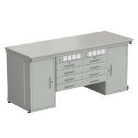 Стол демонстрационный с двумя напольными тумбами, двумя подвесными тумбами, с электрикой 2000х750х900, раб. поверхность - ЛАМИНАТ СЕРЫЙ (EK_56.0551.10.14)