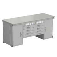 Стол демонстрационный с двумя напольными тумбами, двумя подвесными тумбами, с электрикой 2000х750х900, раб. поверхность - ЛАМИНАТ СЕРЫЙ (EK_56.0551.20.14)
